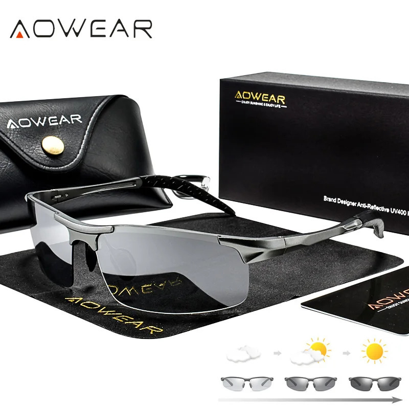 AOWEAR Aluminum Polarized Pochromic Sunglasses for Mens High Quality Borderless Color Changing Glasses for Mens Day and Night Driving Sunglasses 24110