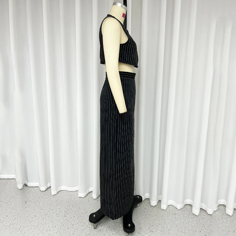 Wefads Two Piece Set Women Office Elegant Simple Striped Printed Sleeveless Single Breasted Button VestTop A Line Skirt Sets 240315