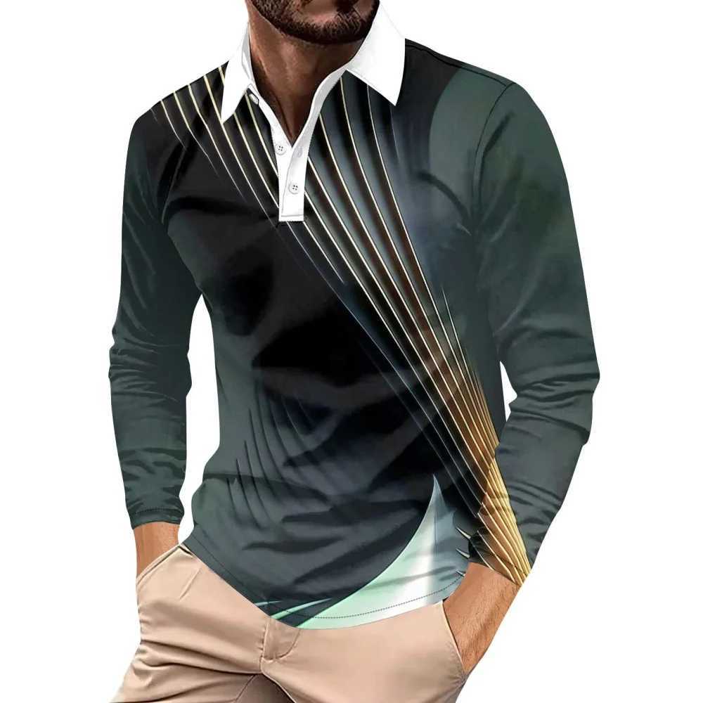 Mens Shirt Cool Geometry 3D Printing Strt Fashion Collar Graphic T-shirt Mens Top Casual Button Mens Long Sve T-shirt W241106