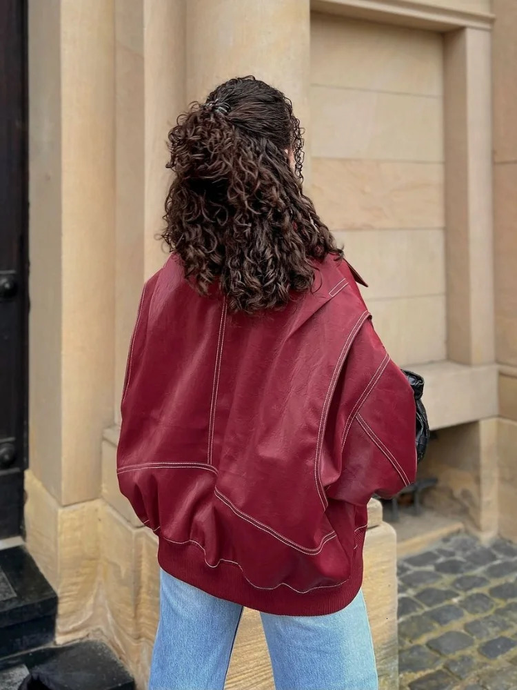 Chic Contrast Stitch Zipper Leather Jacket For Women Fashion Lapel Long Sleeves Cropped Bomber Coat 2024 Lady Street Outerwear 241106