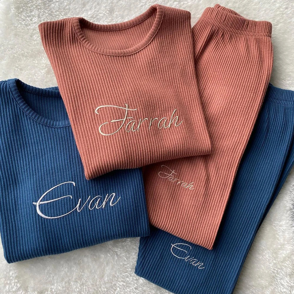2024 Custom Toddler Kids Ribbed Knitting Pajamas Solid Cotton Winter Lounge Boy Girl Casual Pyjamas Children Warm Sleepwear 240327