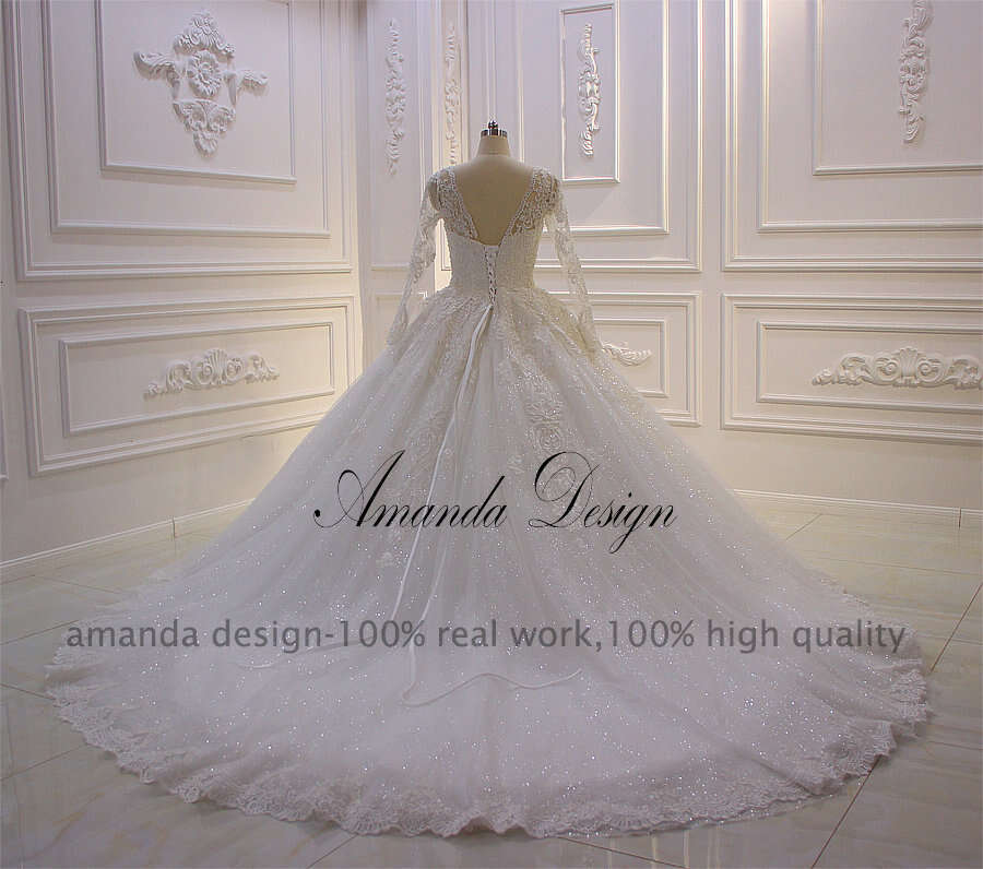 Amanda Design nikah elbisesi Long Sleeve Lace Appliques Shiny Wedding Dress