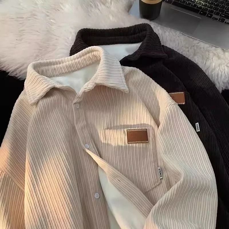 Autumn Winter Lambswool Shirt Jacket Men Warm Polo Neck Button Casual Pocket Vintage Fashion Men Winter Jacket 241106