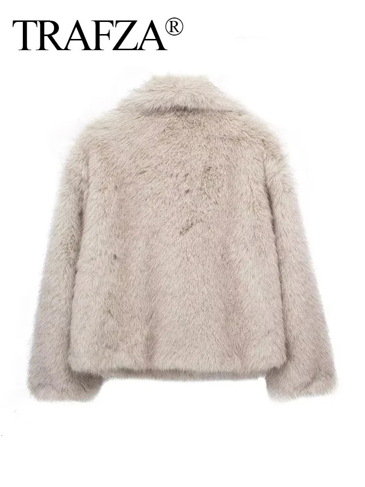 TRAFZA Women Fashion Faux Fur Jacket Vintage TurnDown Collar Long Sleeve Coat Autumn Winter Woman Elegant Streetwear 241104