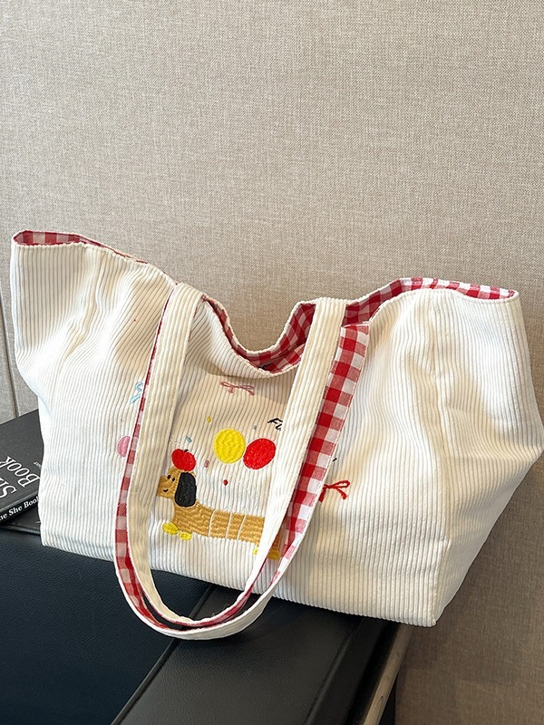 Autumn And Winter Corduroy Contrasting Plaid Double-sided Back Canvas Cartoon Cute Embroidery Student Class Bag Designer Bags Handbags Women