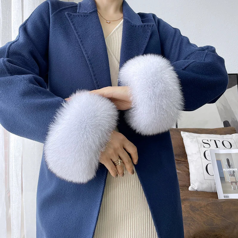 Natural fox fur cuffs wrist warmers womens jackets outerwear sleeves fur decorations womens bracelets real fur wrist gloves snap rings 241106
