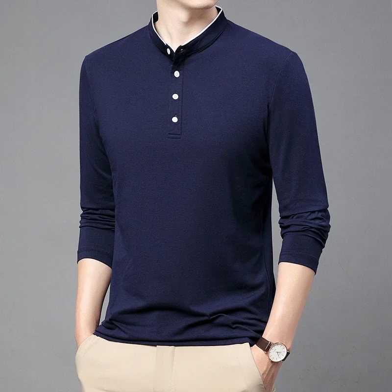 New mens business casual long Sved solid color cotton stand up collar shirt fashionable and breathable Versatile top W241106