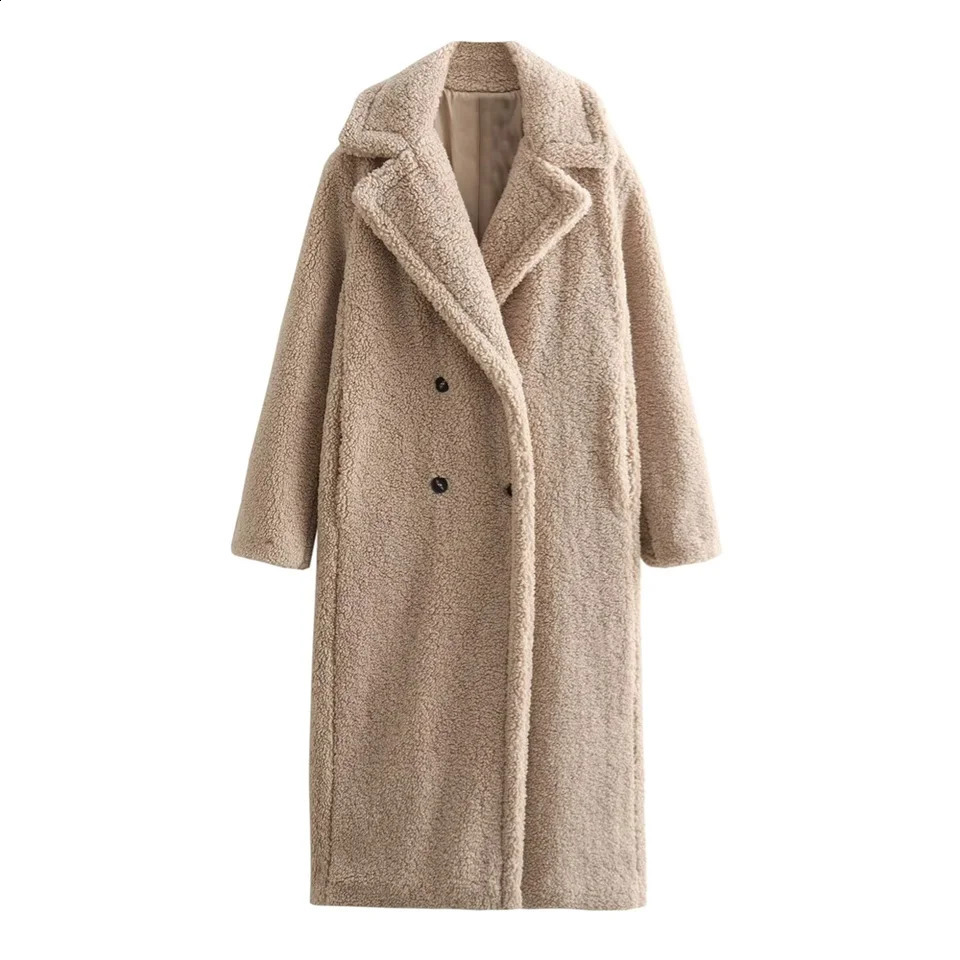 PB ZA womens autumn and winter lapel longsleeved doublebreasted lamb wool fleece long coat 241104
