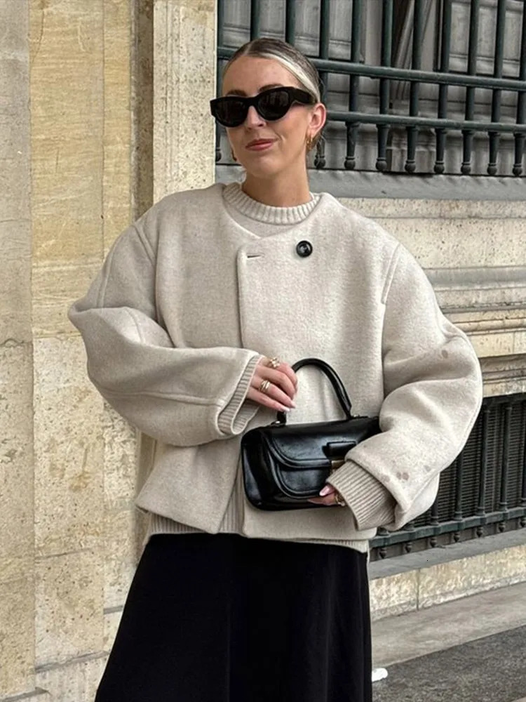 Elegant Solid Color Womens Coat Casual Loose Single Breasted Long Sleeve Coats Fashion Winter Round Neck Outerwears 241106