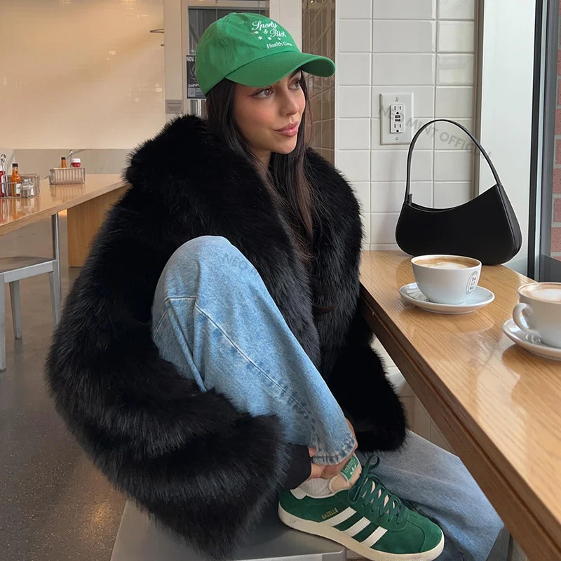 Neo Mint Street Fashion Shawl Collar Faux Fox Fur Coat Women 2024 Winter Cool Black Short Fur Jacket Vintage Chic Overcoat 241106