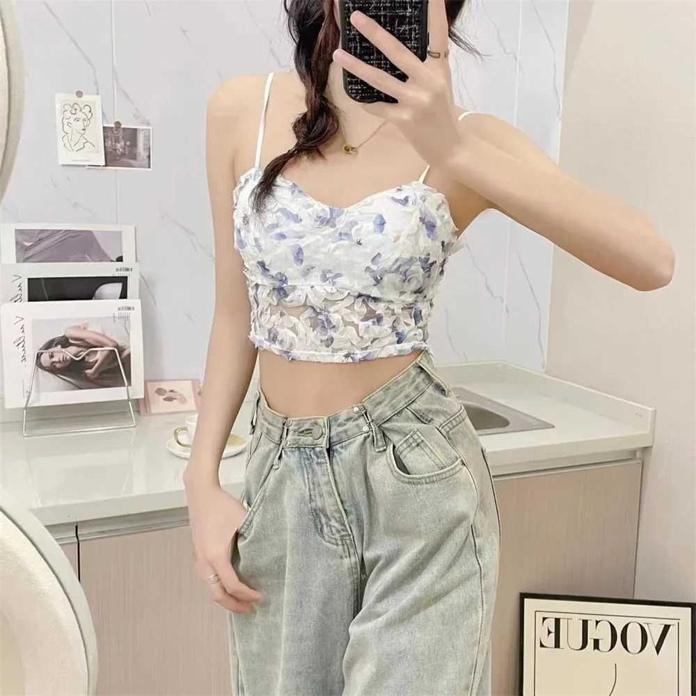 Floral Printed Camisole Woman Summer Sweet Spaghetti Strap Tank Top Fe with Built in Bra Corset Women Vest with PaddedX241022