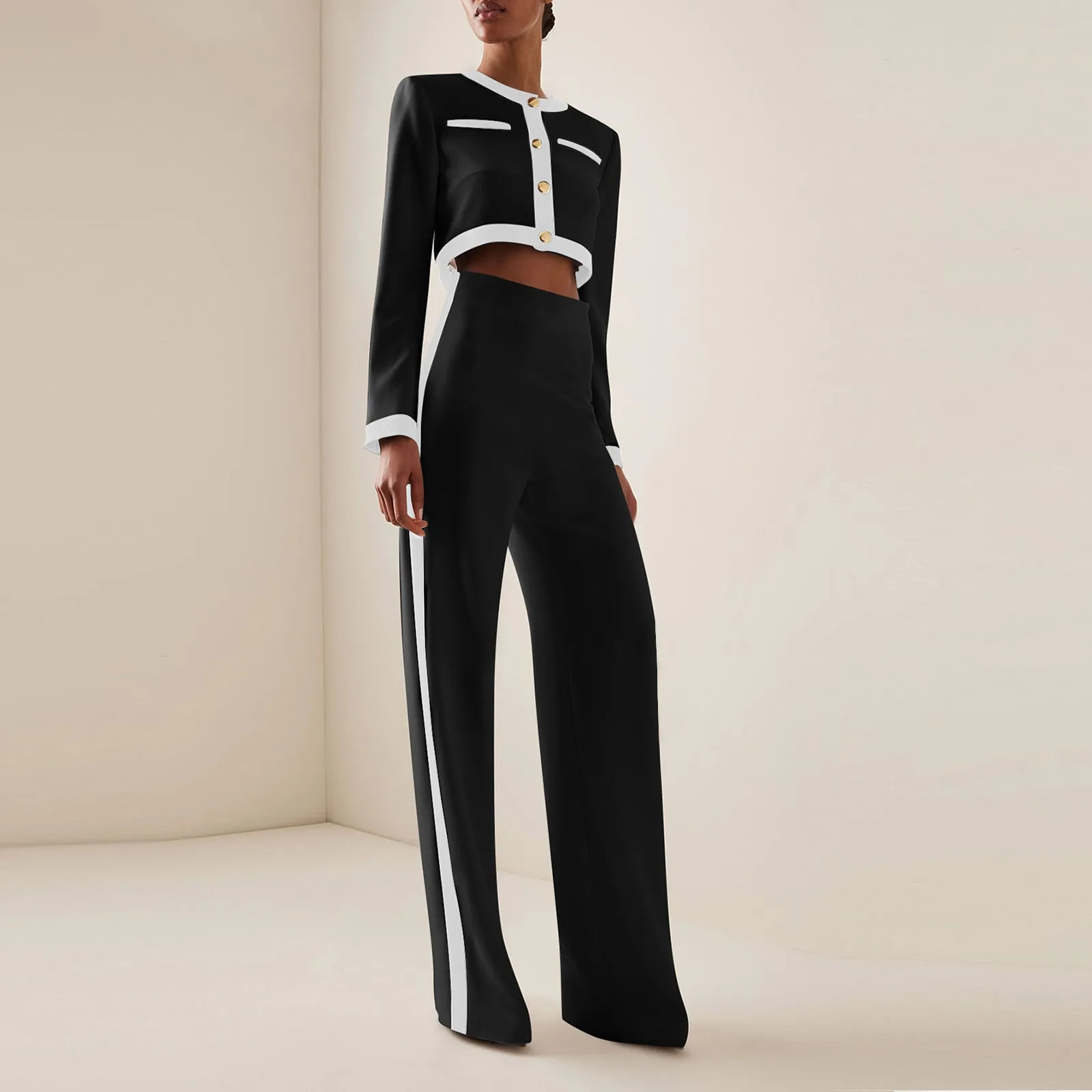 Traf Mujer WomenS Fashion Casual Splicing Round Neck Single Breasted Long Sleeve Top Pants Set Clothes For Women 241105