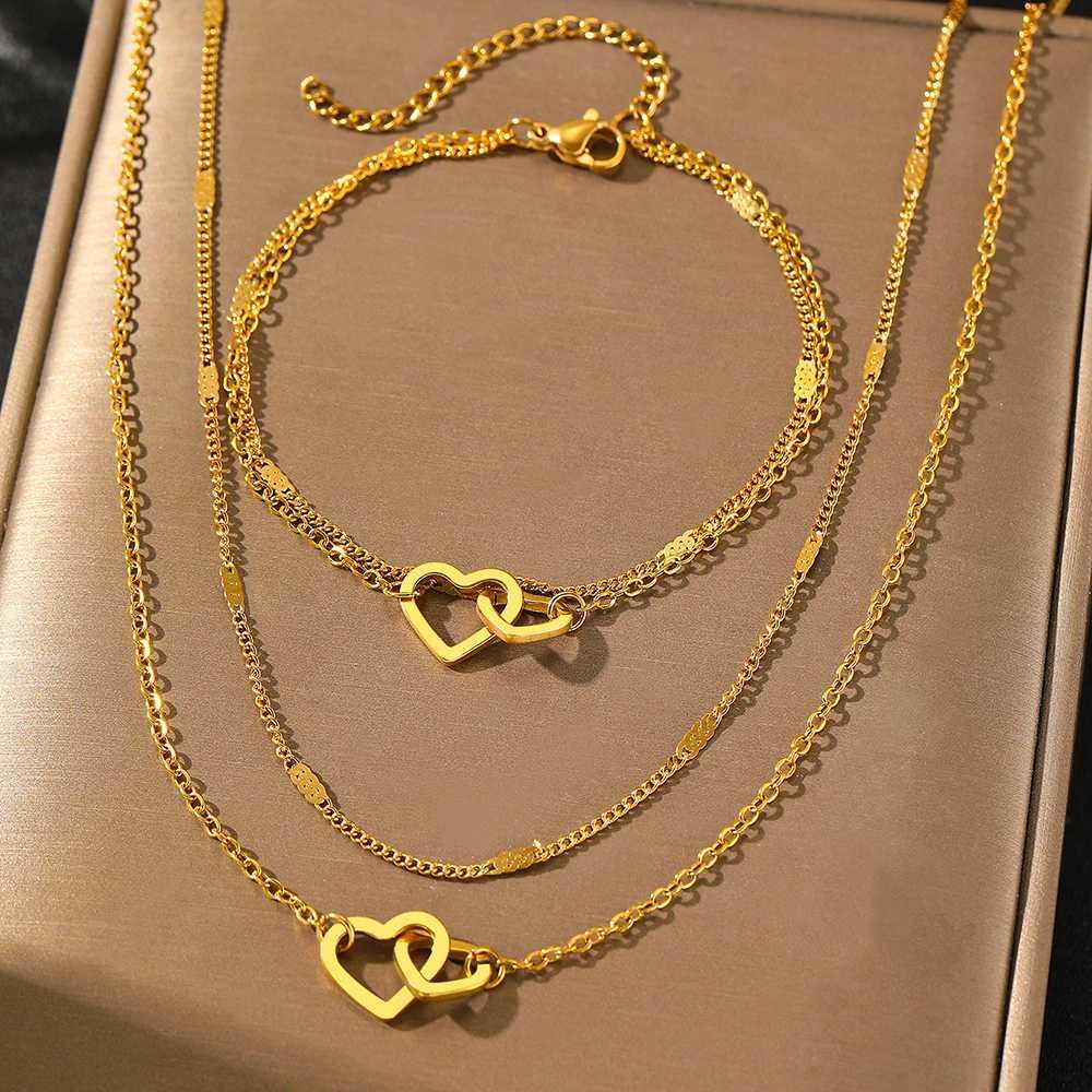 Stainless steel jewelry set high-end and atmospheric bracelet necklace double chain design jewelry set X241106