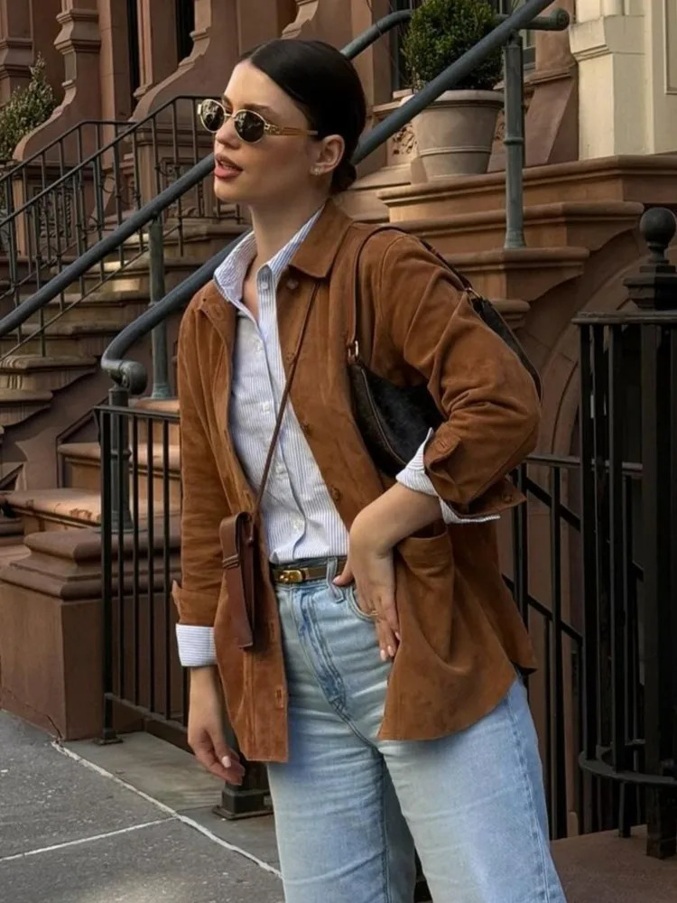 Vintage Suede Womens Jacket Shirt Casual Turndown Collar Women Jackets Coat Solid Color Autumn Fashion Female Jacket Blouses 241106