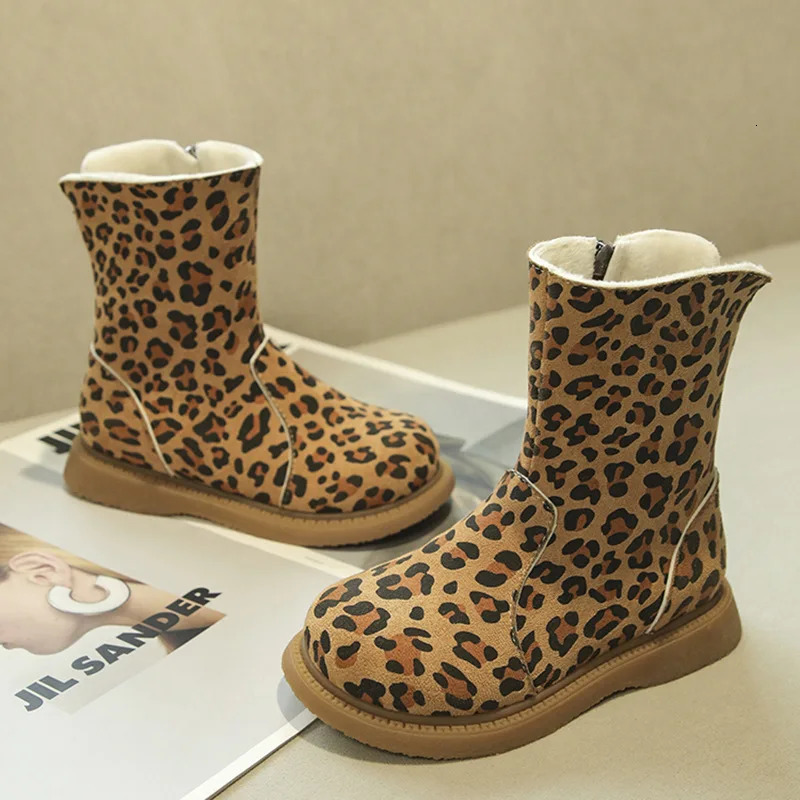 Kids Boots Winter Girls Fashion Middle Calf Princess Snow Boots Toddler Children Boys Leopard Warm Fur Shoes Soft Sole 241106
