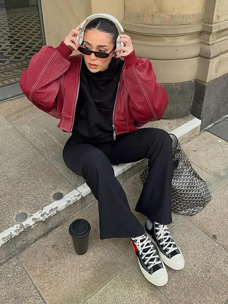 Fashion Lapel Long Sleeve Bomber Coats For Women Vintage Red Zipper Leather Jacket 2024 Autumn Winter Lady Street Casual Outwear 241106
