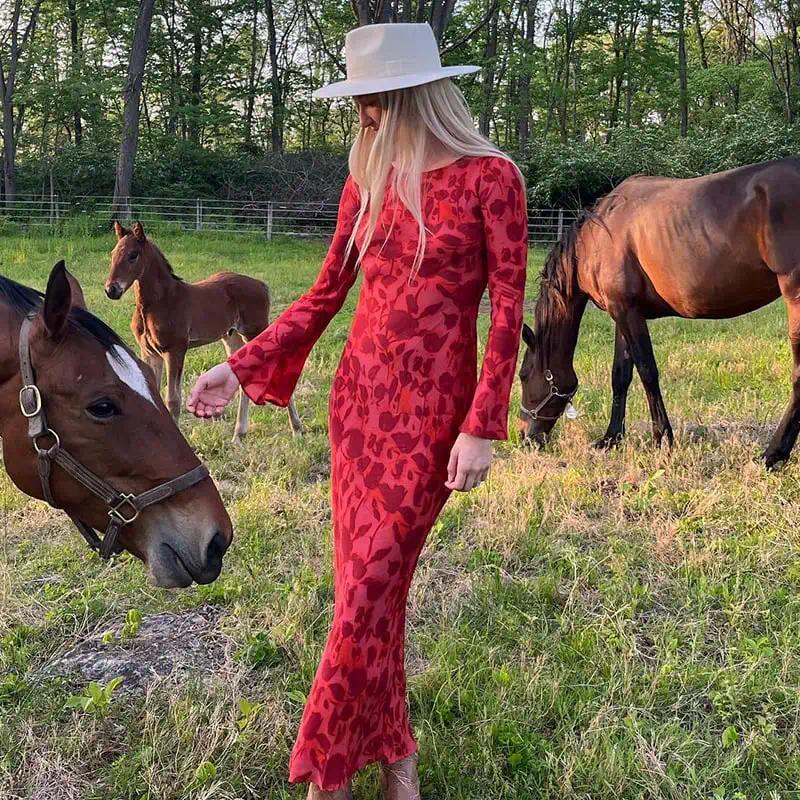 Casual Dresses Long Sleeve Rose Printed Maxi Dress Elegant Floral Print Flare Chiffon Summer Women O Neck Slim Beach Holiday Party