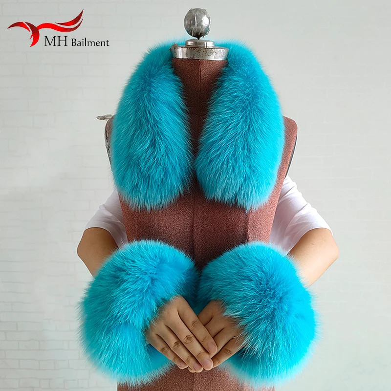 Fox Fur Square Collar Genuine Fur Cuff Set Womens Winter Thick Warm Fashion Scarf Cuff Matching Coat Accessories 241216