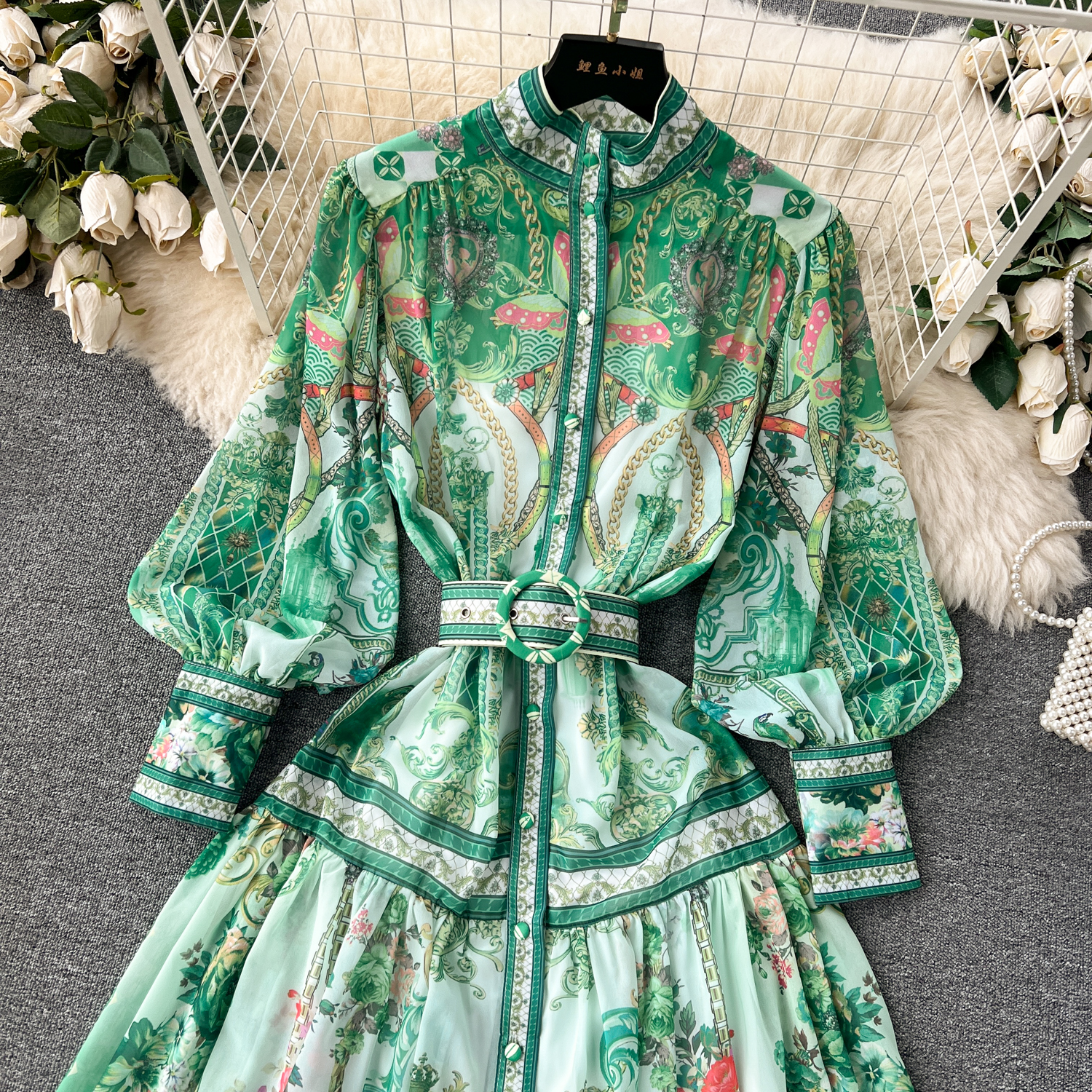 Urban Sexy Dresses 2025 Bohemian Chiffon Green Maxi Dress Women's Stand Long Lantern Sleeve Single Breasted Wer Print Belt Holiday Robe Vestidos