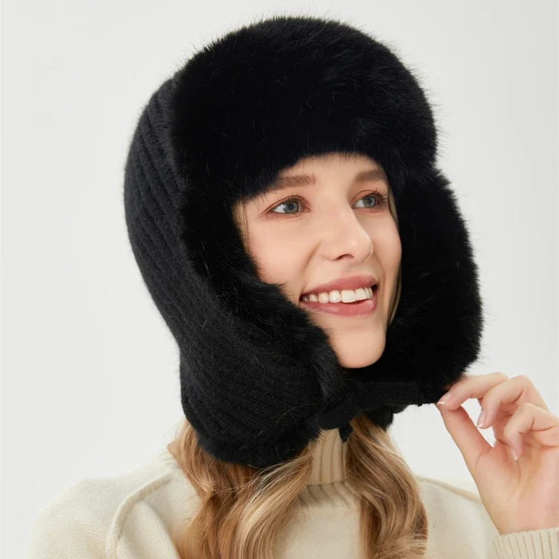 Gorros Winter Female Russian Ushanka Bomber Hat Pilot Trap Hat Artificial Rabbit Fur Earrings Snow Hat 241106