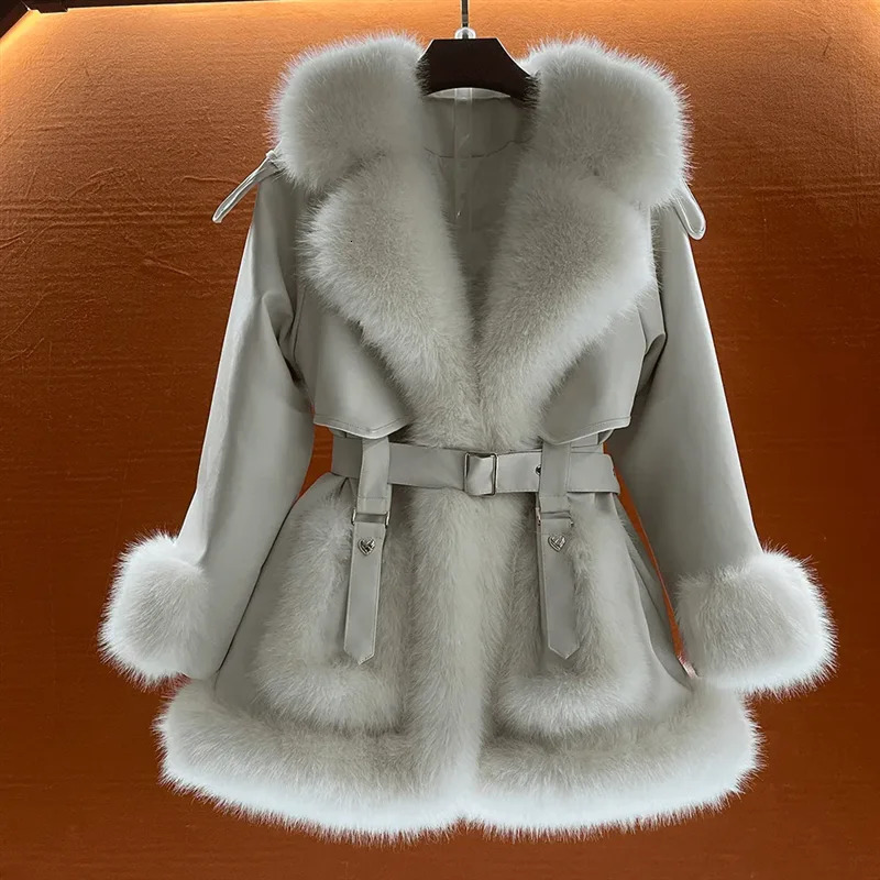 Temperament Big Fur collar LaceUp Coat Female Autumn Winter MidLength Warm Faux Fox Jacket Loose Overcoat W567 241104