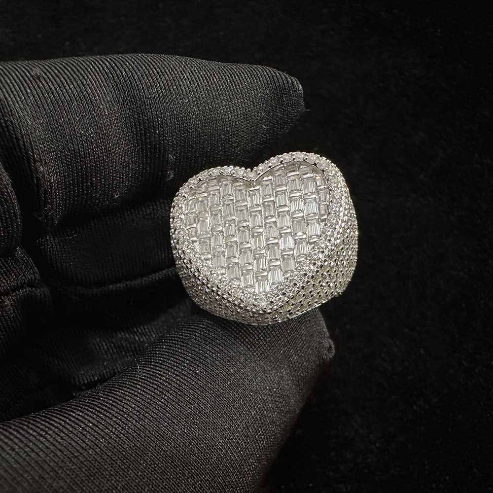Pass Dia Tester S Sier Iced Out VVS Baguette Moissanite Heart Ring and Rappers Hip Hop Jewelry With GRA Certificate