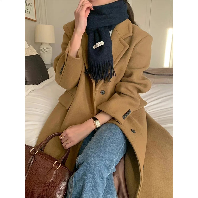 MEXZT Long Wool Blends Coat Streetwear Black Woolen Jackets Elegant Commute Blazer Overcoat Winter Korean Chic Outerwear 241105