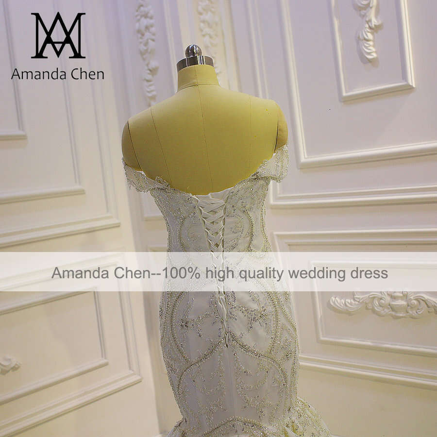 Off Shoulder Lace Appliqued Crystal Beads Mermaid Wedding Dress