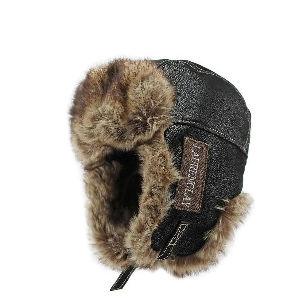 Winter Mens Ear Hood Bomber Hat Artificial Leather Thick Plush 54-60cm Retro Pilot Style Outdoor Warmth YF0201 241106
