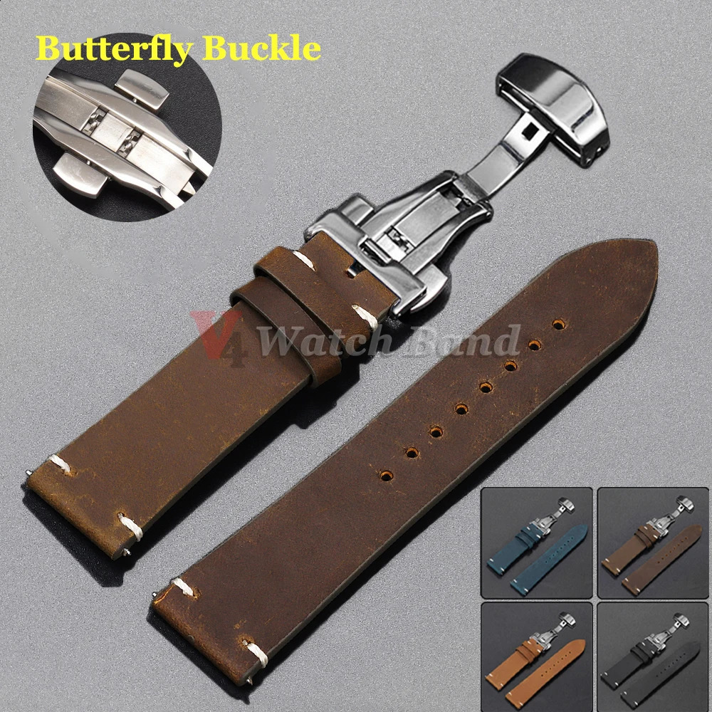 Stitching Cowhide Strap 181920212224mm Wrist Bracelet Vintage Leather Watch Band Butterfly Buckle 241105