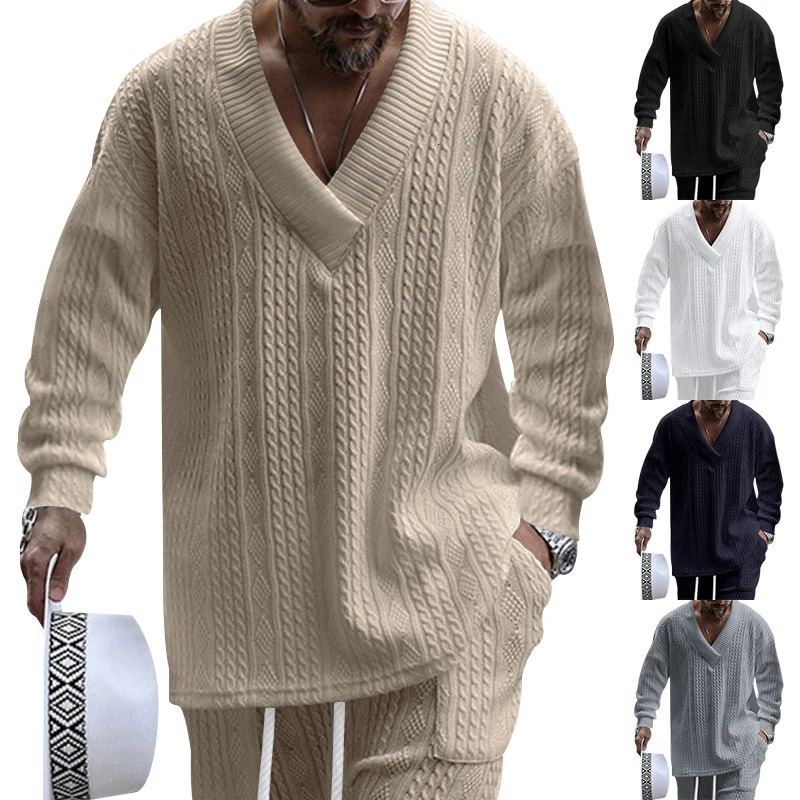 Mens Sweater Autumn Winter V-Neck Jacquard Warm Solid Color Long-Sleeved Sweater Casual Fashion Street Suit Mens Pullover 241106