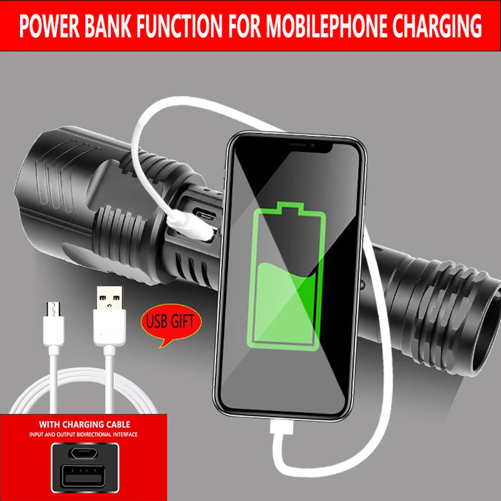 2000000 Lumens Powerful LED Flashlight 5000mAH USB Rechargeable XHP199 Portable Zoom Torch IP68 Tactical Flash Lamp Head Lantern 241105