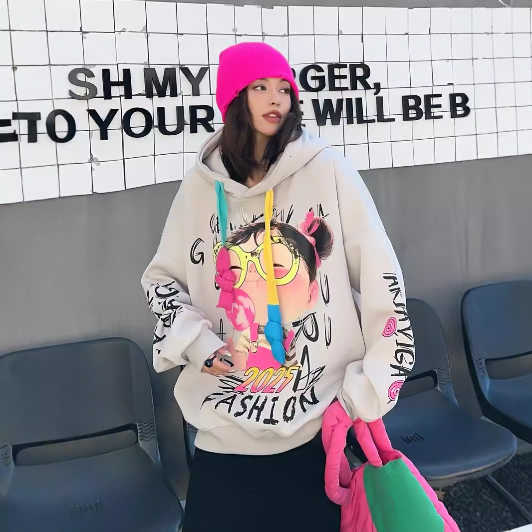 New designer fashion trend American heavy industry graffiti large velvet thick women's medium to long loose hooded sweatshirt