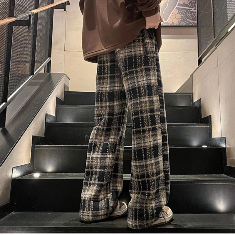 Winter Trendy Mens Fleece Plaid Casual Pants Loose Straight Leg Thick Warm Long Mopping Trousers For Men RedBlack 241104