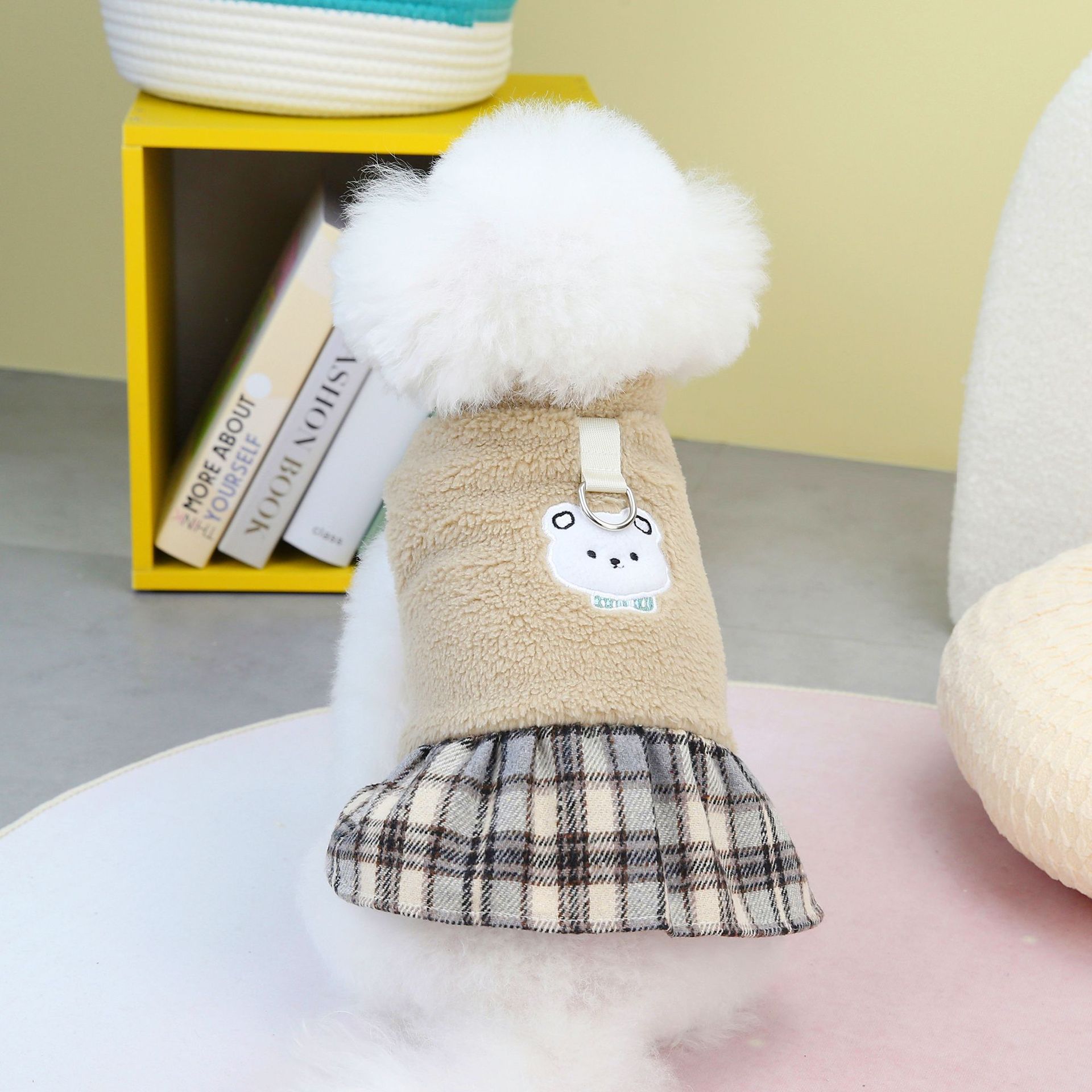 Heavy Warm Dog Winter Dress New Pet Clothes Inside Fleece Pattern Bear Cotton Dress for Small Dog Cats Plaid dog skirt