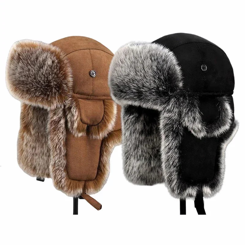 Ushanka Ski Hat Winter Russian Warm Ear Protector Artificial Fur Trap Hat Mens Hat Plush Air Bomber Hat 241106