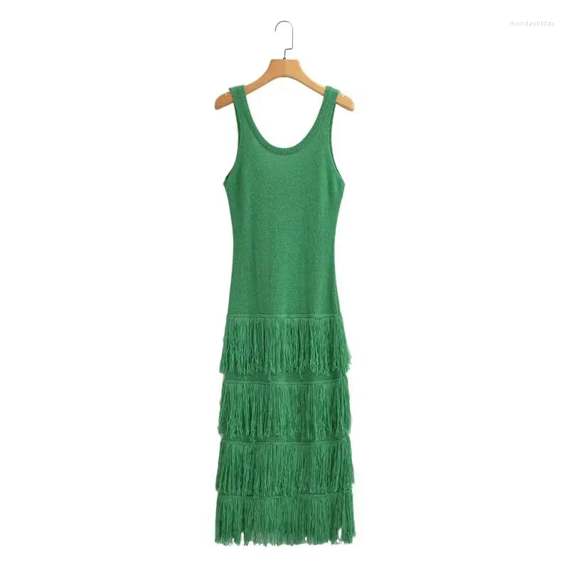 Autumn Women's Tank Top Skirt Long Sleeveless French Fringe Detail Knitted Dress