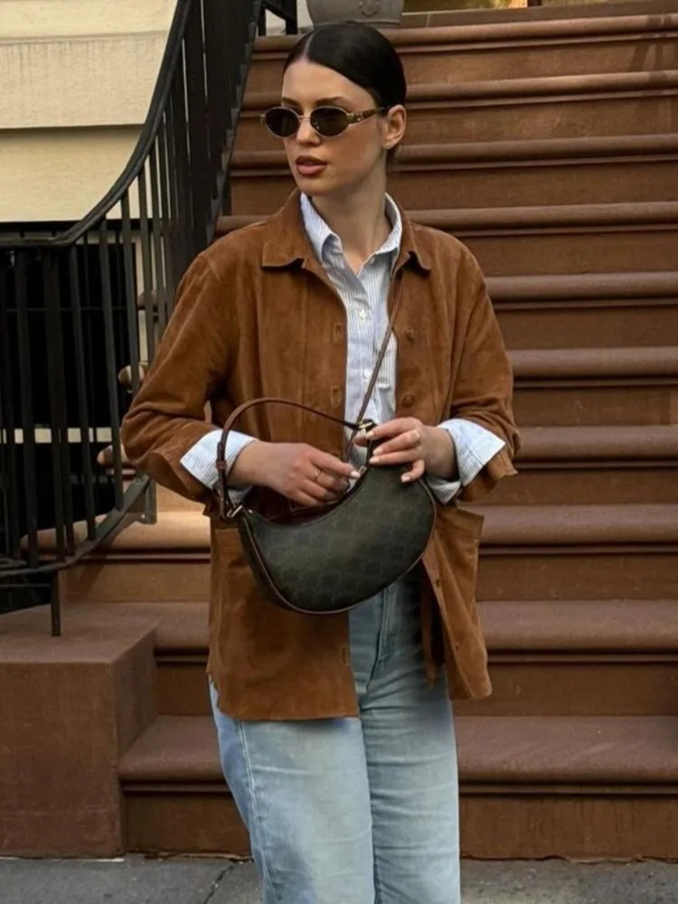 Vintage Suede Womens Jacket Shirt Casual Turndown Collar Women Jackets Coat Solid Color Autumn Fashion Female Jacket Blouses 241106