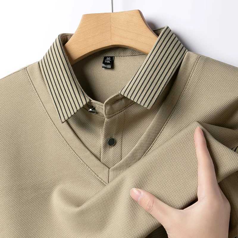 2024 Korean style mens long sved T-shirt with automatic lapel business fashion casual shirt elastic top black dark gray W241106