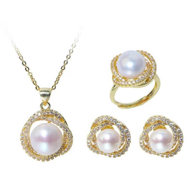 Newly inlaid zircon pearl necklace ring and earring set suitable for daily accessories party jewelry birthday gifts and more X241106