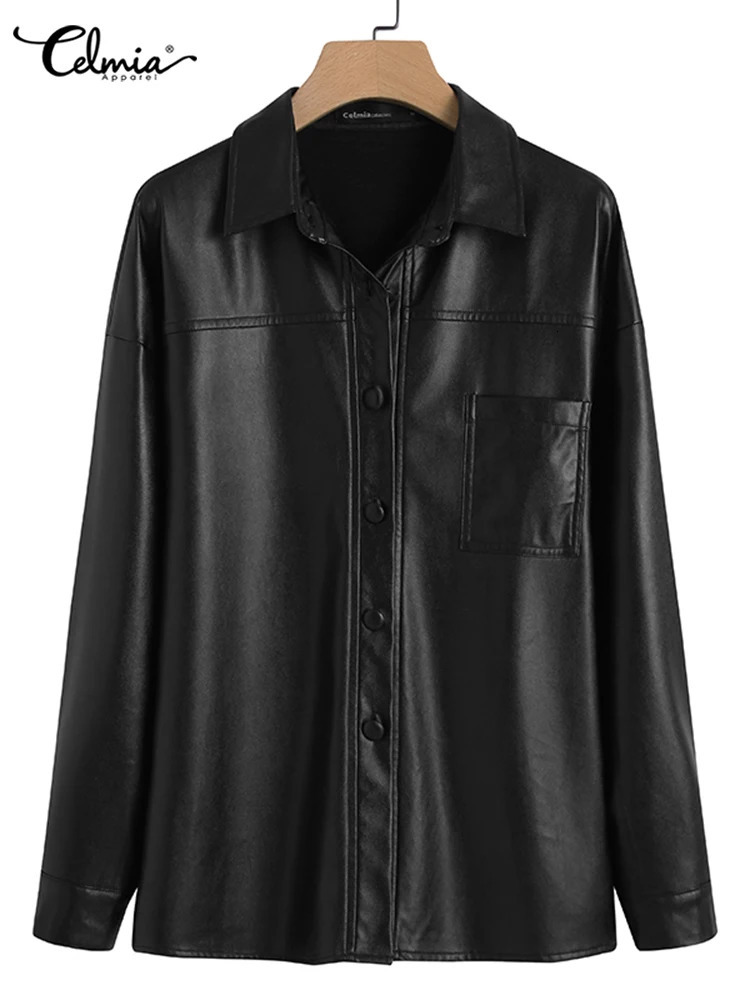 Celmia Women PU Leather Jackets Autumn Long Sleeve Lapel Outerwear Casual Street Overshirts Fashion Faux Leather Black Tops 241106