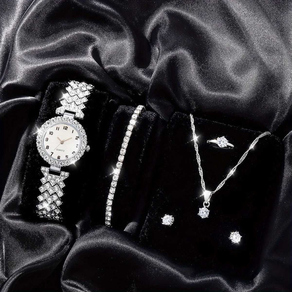 1 rhinestone decorated quartz analog watch and 5 jewelry sets Childrens Day gift X241106