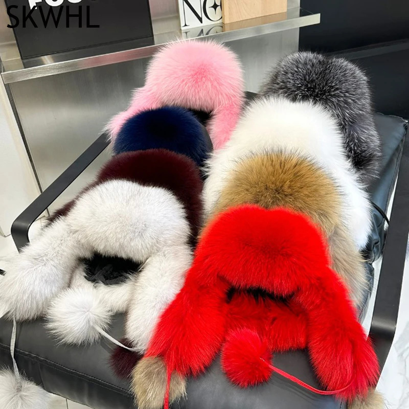 100% real fox fur hat for women Russian Usanka pilot hunter snow skiing hat earmuffs winter raccoon fur bomber hat 241106