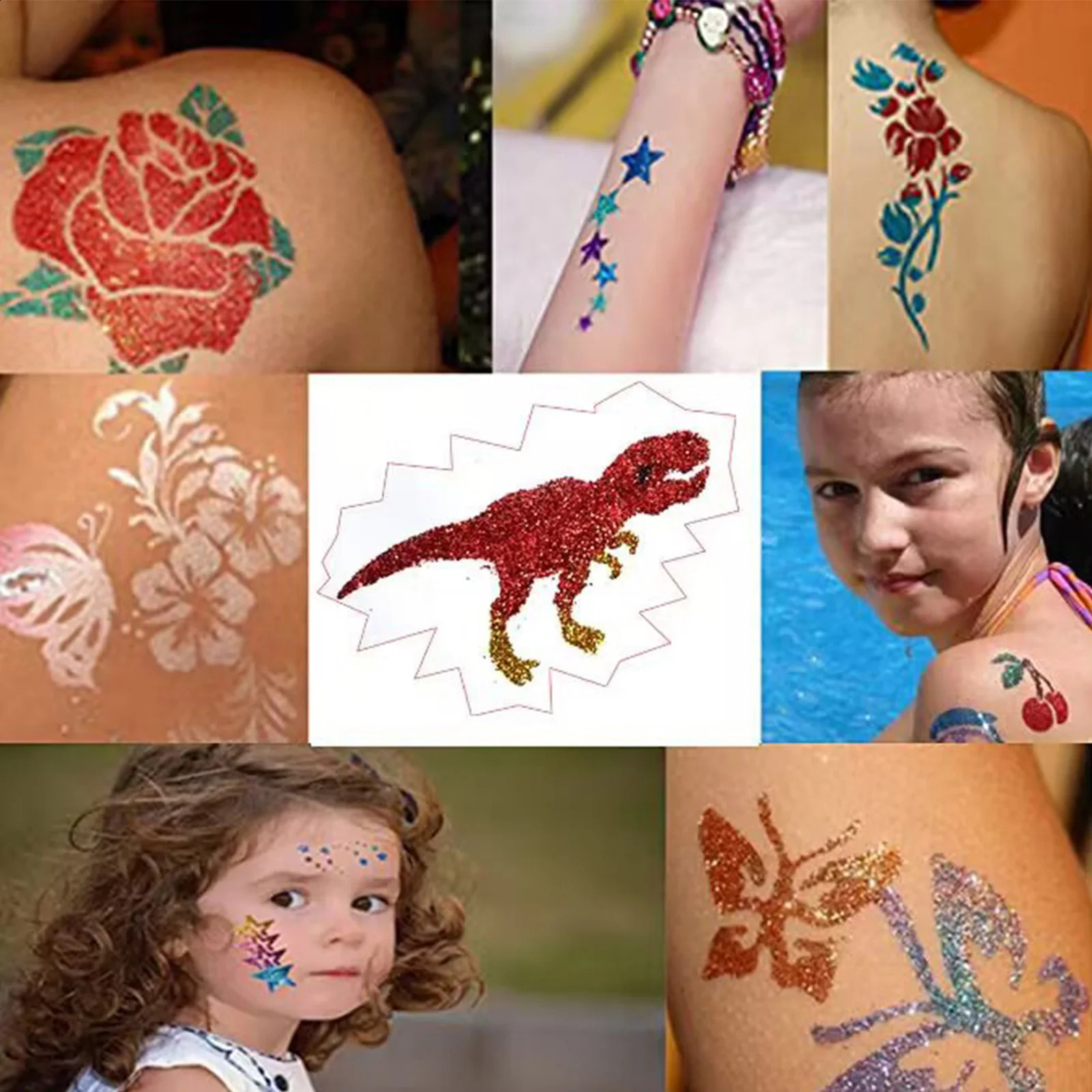 Halloween Sparkling Color Tattoo Kit with Template Glue Brush Makeup Sparkling Body Art Suitable for Childrens Body Painting Sparkling Powder 241105