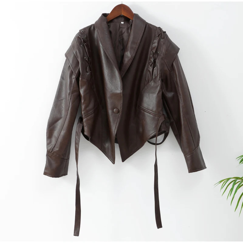 Womens Street Leather Jacket 2024 Autumn Winter Versatile Brown Long Sleeves V-neck Lace-up Coats Causal Female Outerwear 241106