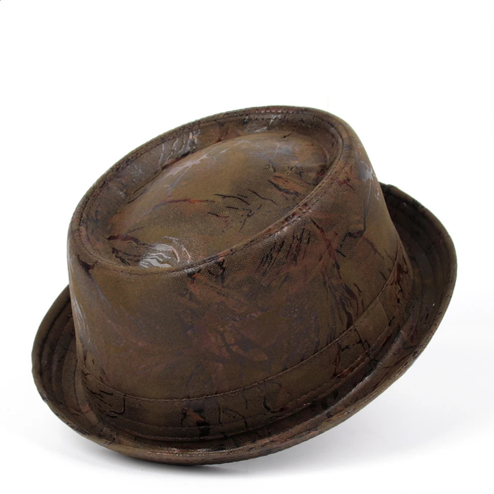 Mens Leather Pork Pie Hat Mens Flat Top Fedora Hat Mens Dad Bowling Pork Pie Jazz Hat Big 4 S M L XL 241105