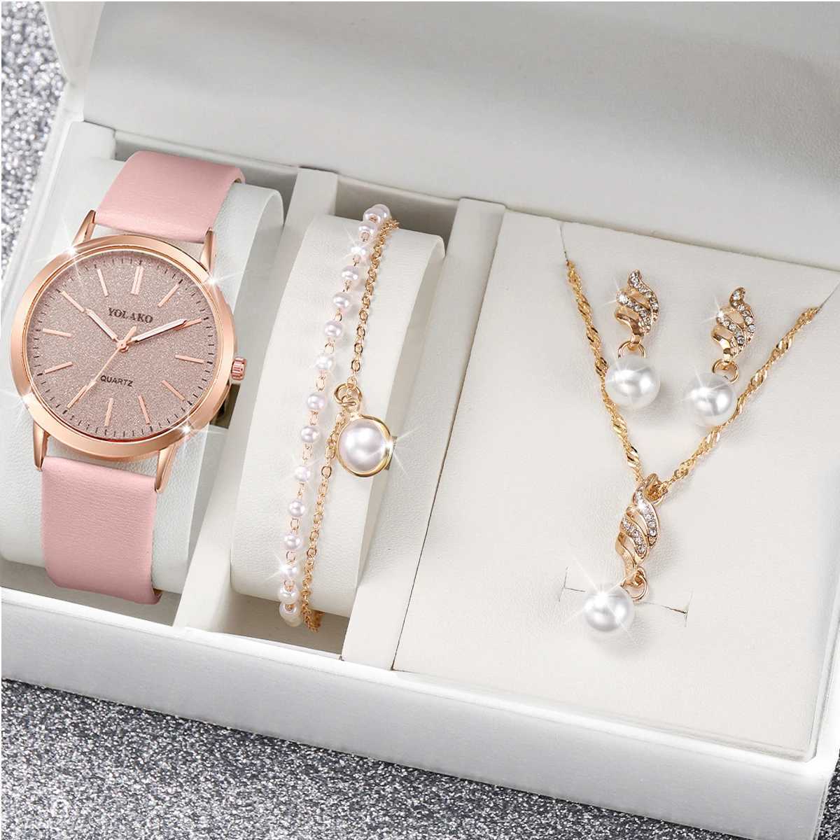 4-piece/set fashionable starry sky dial thermometer casual leather strap quartz watch pearl jewelry set (no box) X24110611