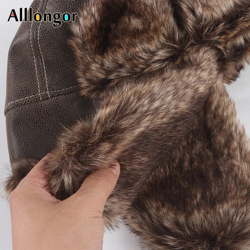 Russian mens winter hat with earmuffs Ushanka warm Pu leather earmuffs bomber hat faux fur snow hat pilot hunting hat 241106