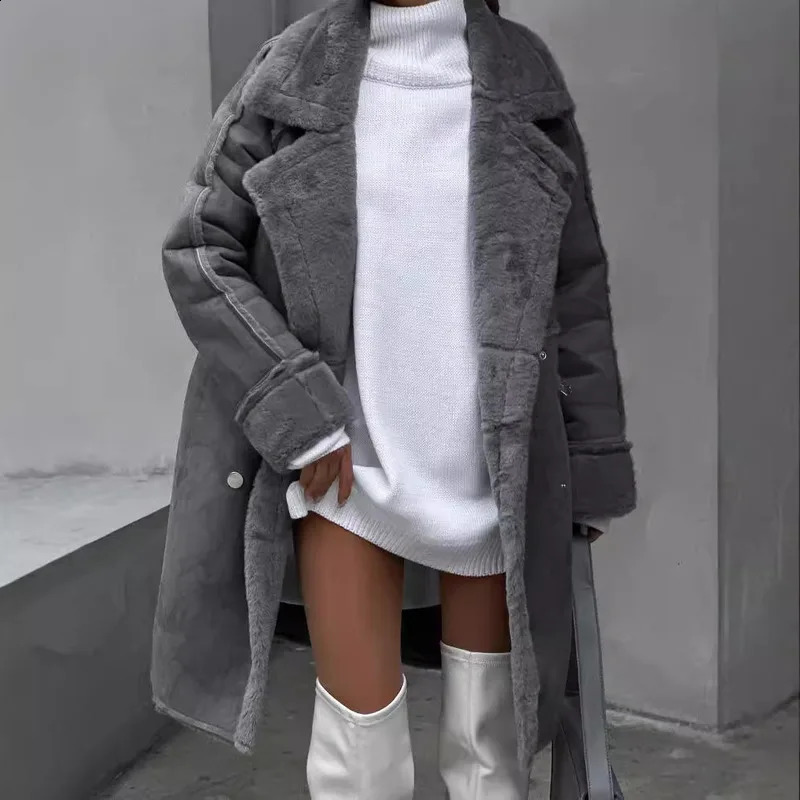 Winter European And American Fur Suede Coat Suit Collar Long Cardigan Sleeved Plush Womens Warm Top 241104