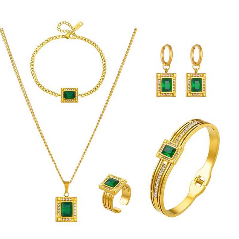 DIEYURO 316L stainless steel Geely green zircon necklace bracelet earrings used for warm and trendy jewelry 5-piece set party gifts X241106